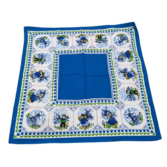 Unbranded Other - Vintage Dutch Windmill Tulip Cotton Square Tablecloth Blue White Folk Art 27x27